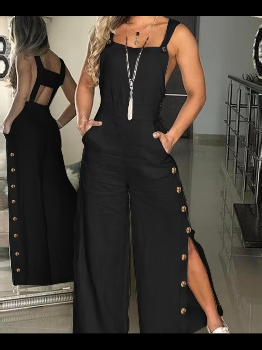 Black Button-Side Wide-Leg Jumpsuit